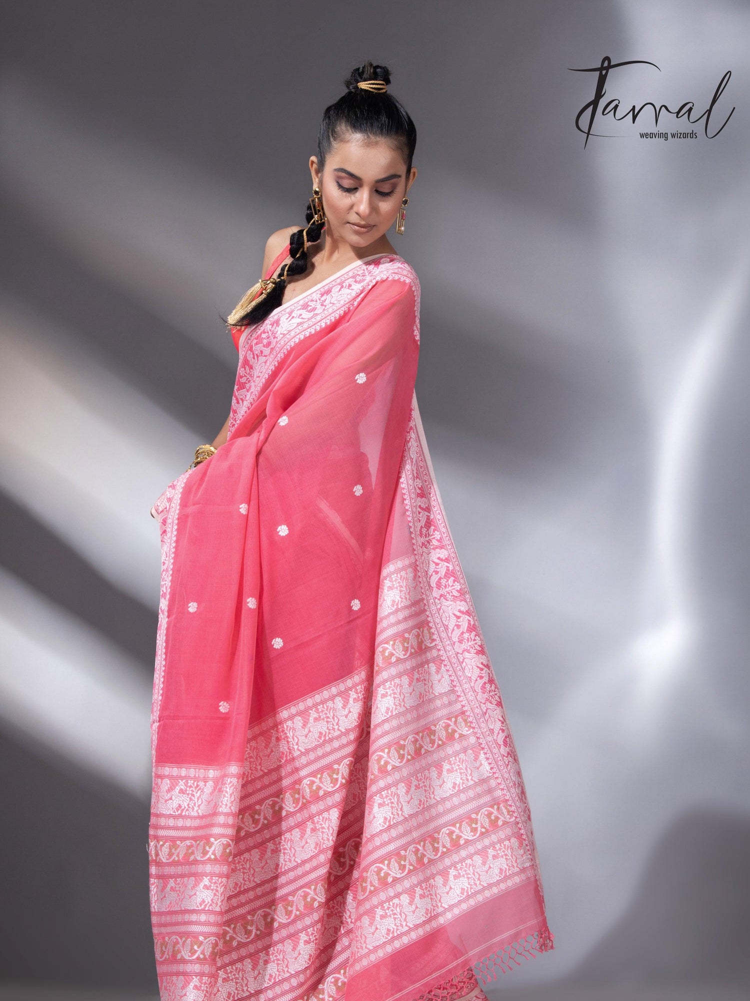 Pink with white border pure cotton baluchari handloom saree