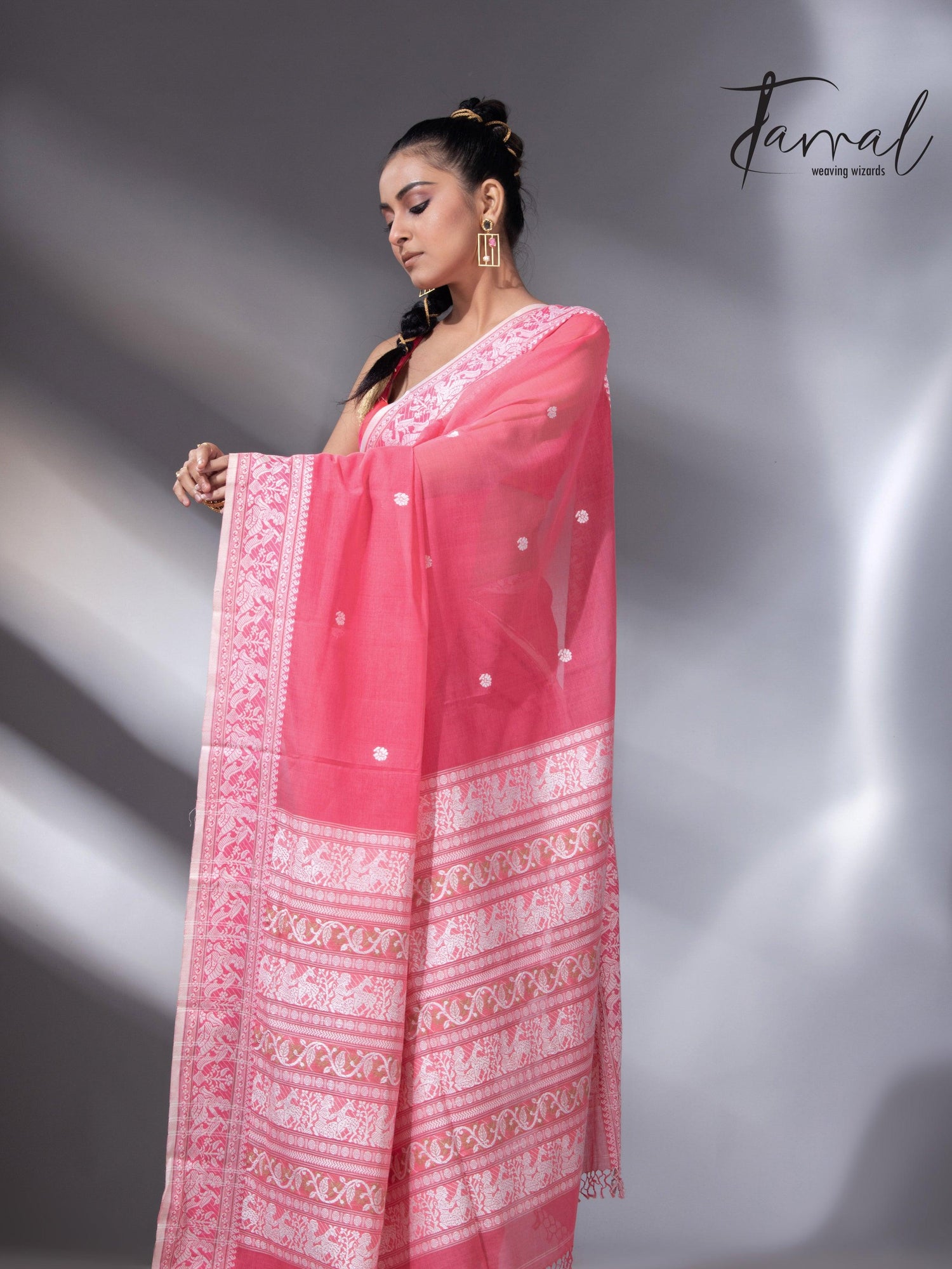 Pink with white border pure cotton baluchari handloom saree