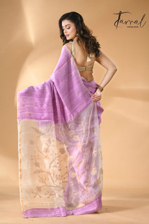 Pink with white floral pallu matka silk handwoven jamdani saree - Tamal Boutique