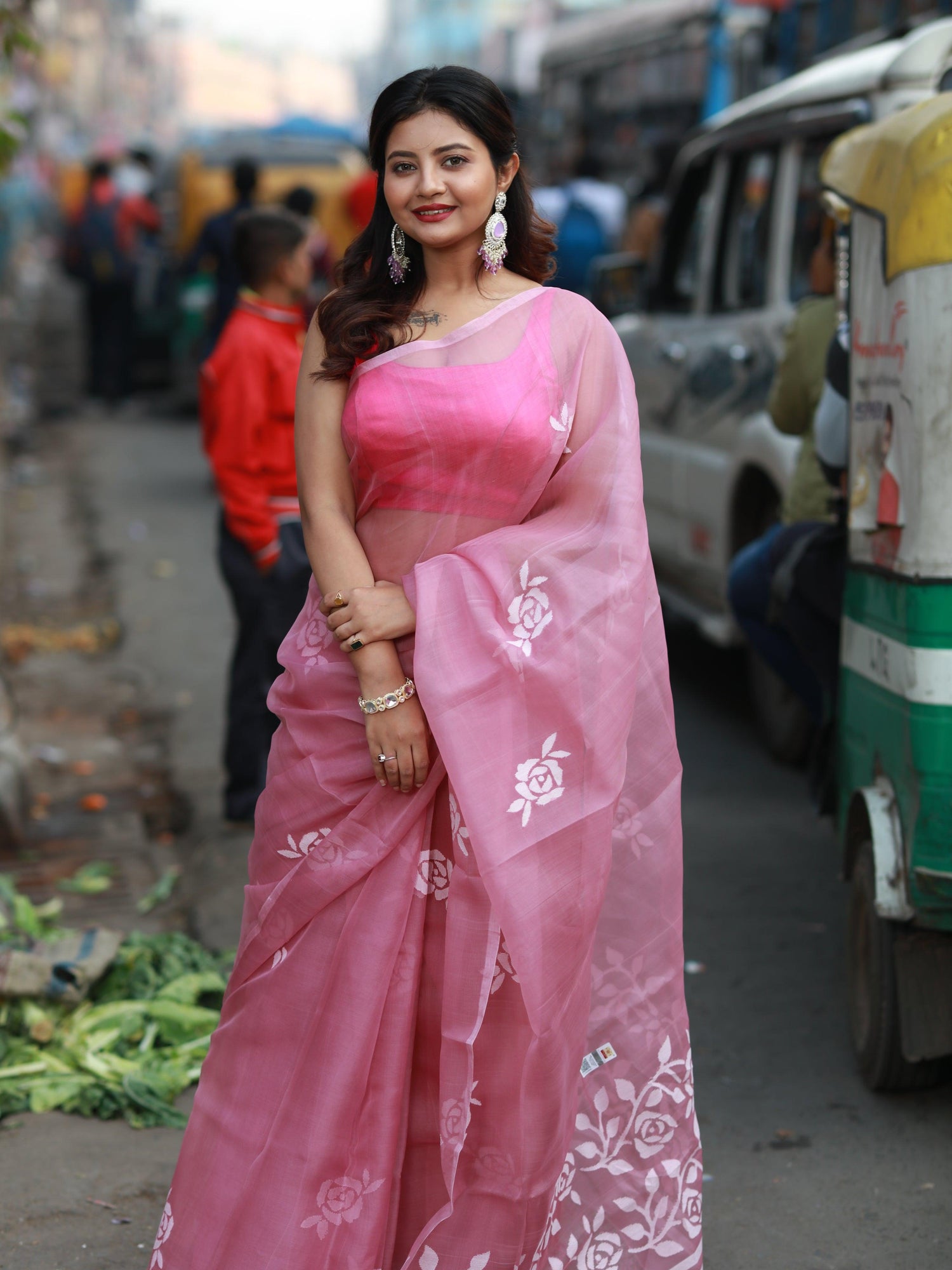 Pink with white in motifs handwoven muslin silk jamdani saree
