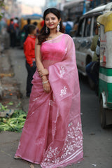 Pink with white in motifs handwoven muslin silk jamdani saree