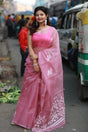 Pink with white in motifs handwoven muslin silk jamdani saree