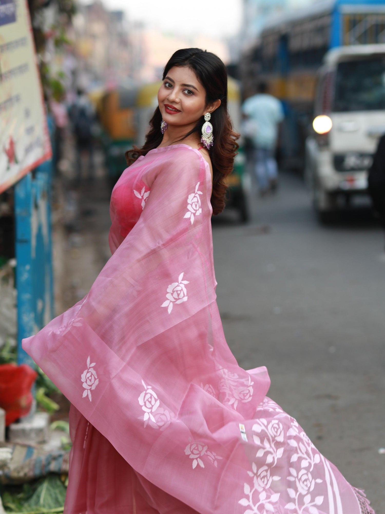 Pink with white rose motifs handwoven muslin silk jamdani saree - Tamal Boutique
