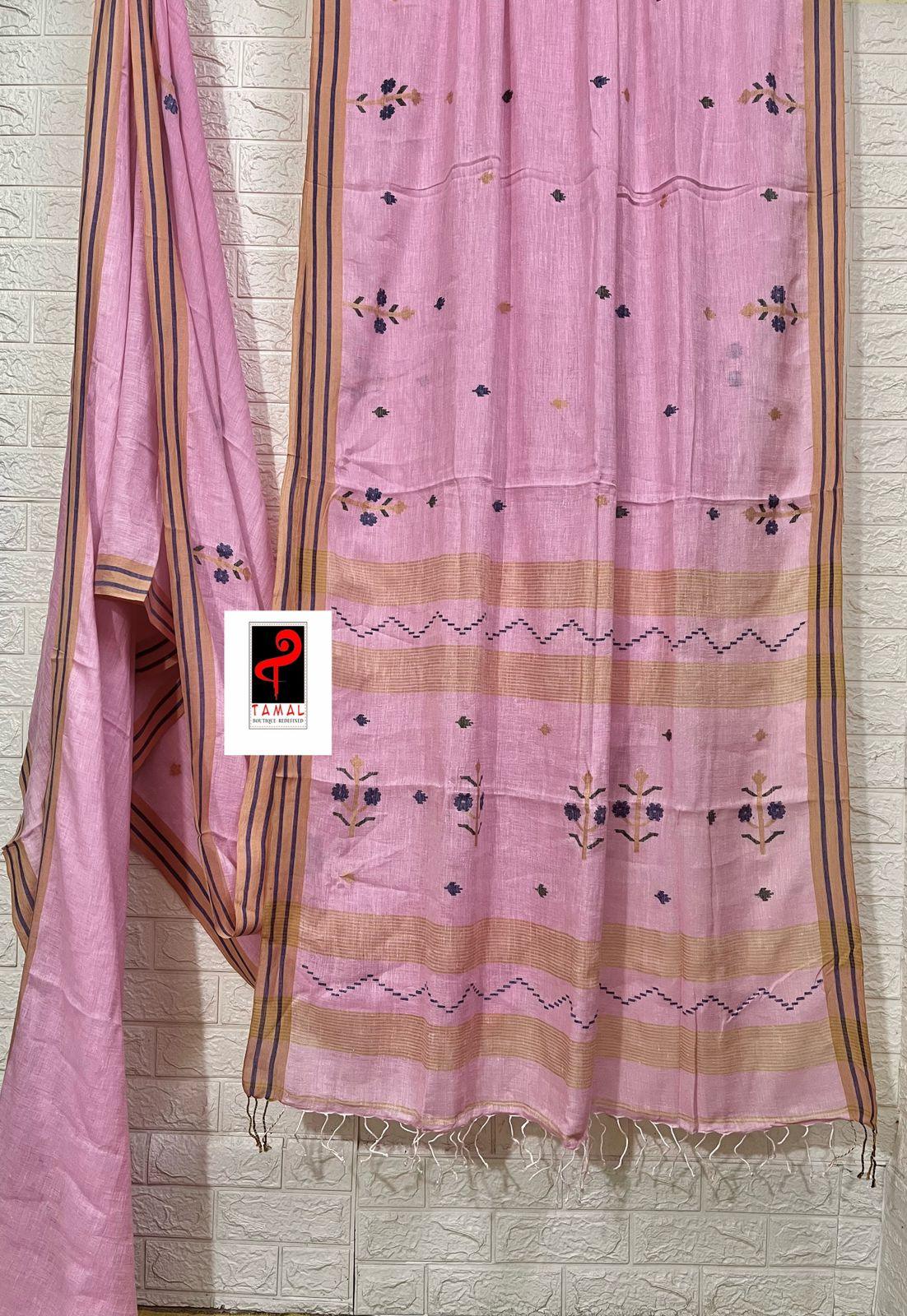 Pink with yellow & blue border linen handwoven jamdani saree - Tamal Boutique