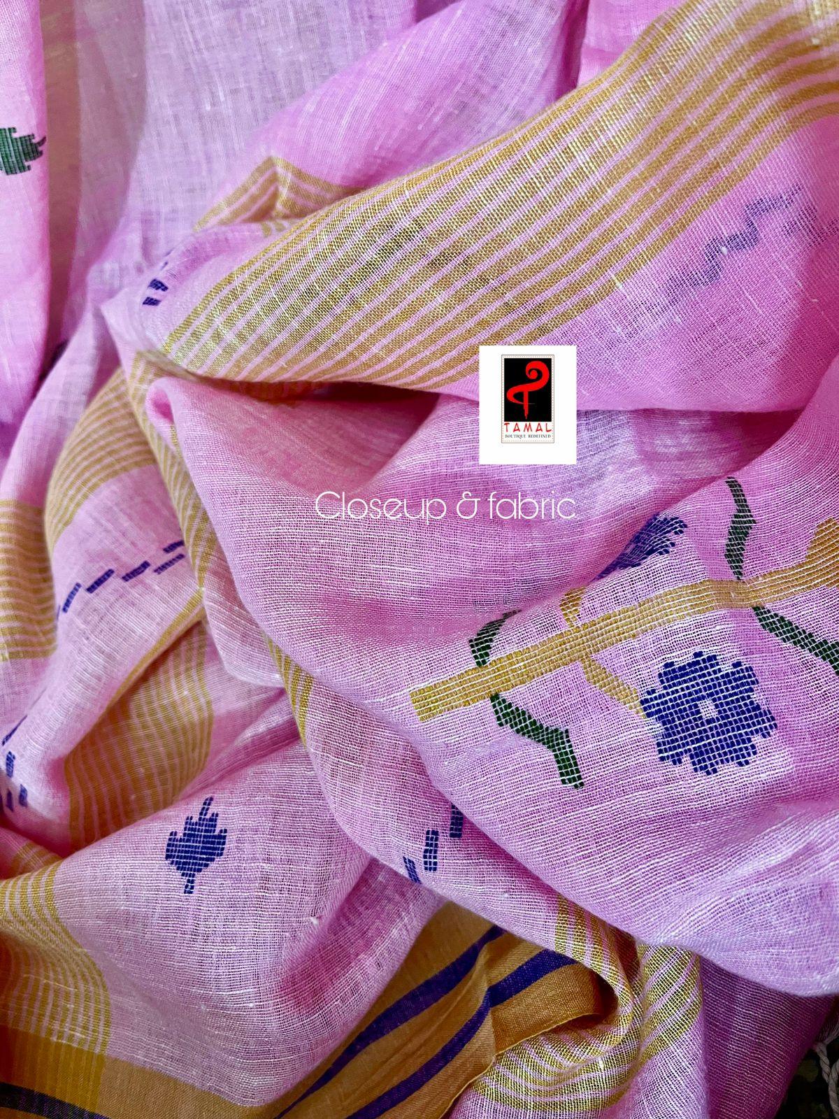 Pink with yellow & blue border linen handwoven jamdani saree - Tamal Boutique