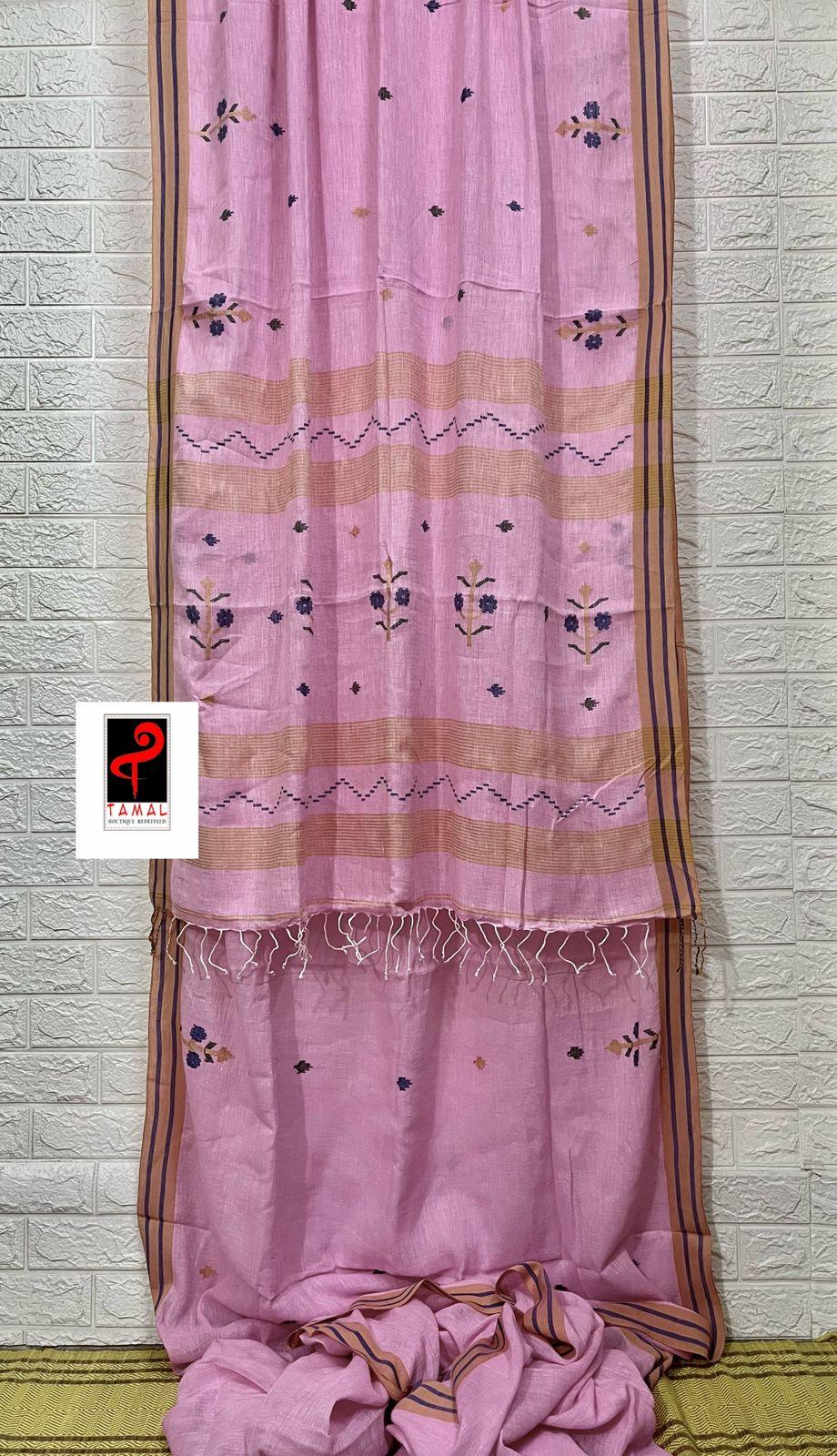 Pink with yellow & blue border linen handwoven jamdani saree - Tamal Boutique