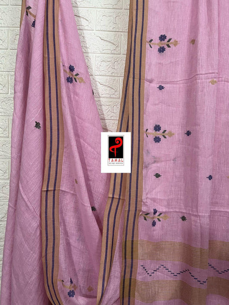 Pink with yellow & blue border linen handwoven jamdani saree - Tamal Boutique
