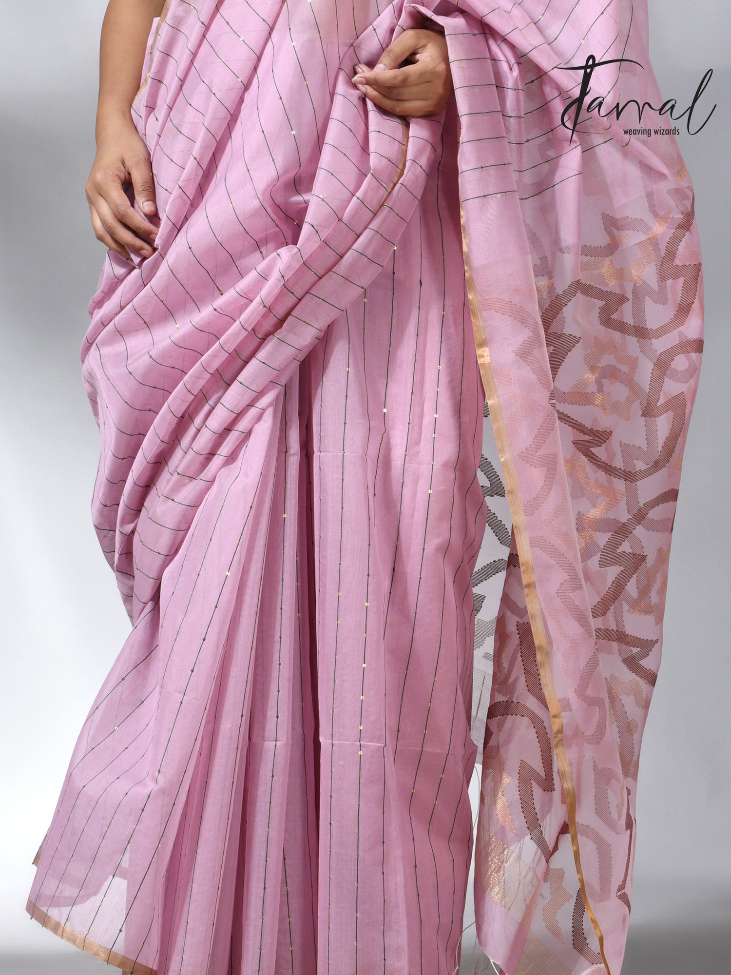 Pink with zari border silk cotton handwoven jamdani saree