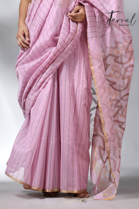 Pink with zari border silk cotton handwoven jamdani saree