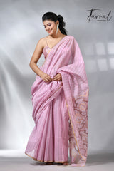 Pink with zari border silk cotton handwoven jamdani saree