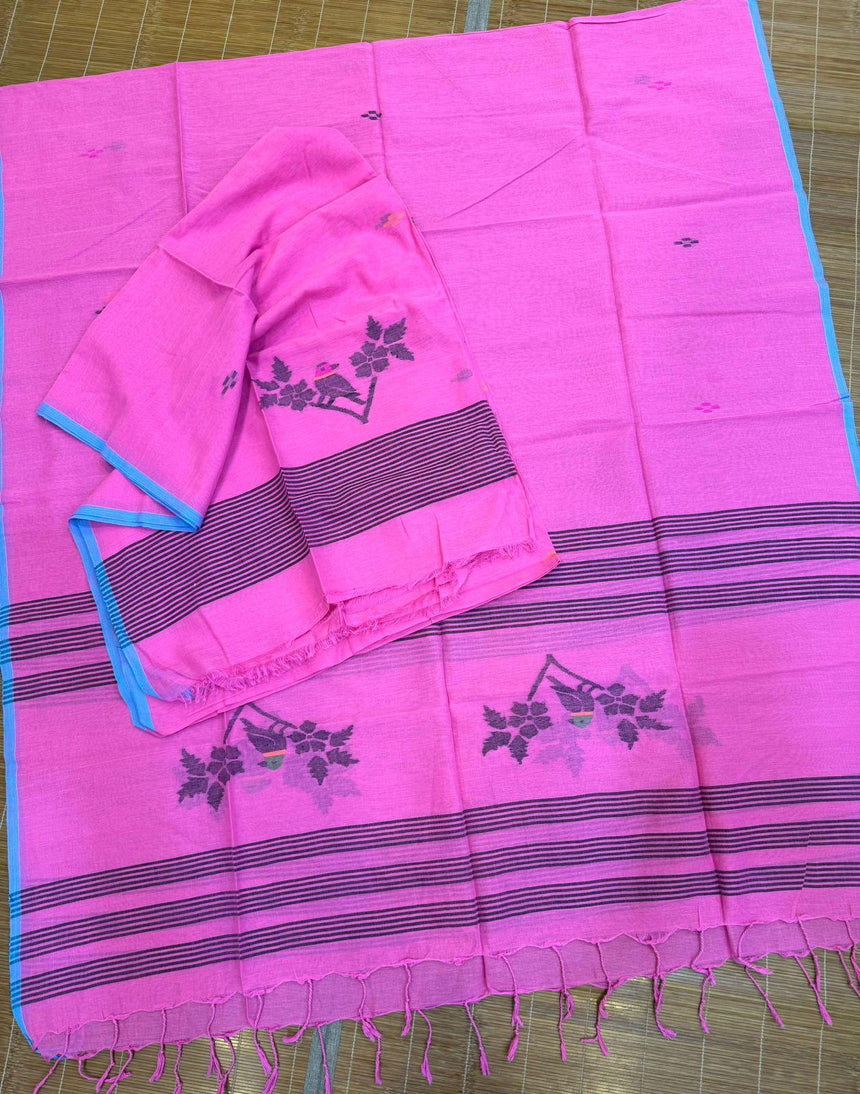  Handwoven Jamdani Kurti and Dupatta Set Black Pink Bird