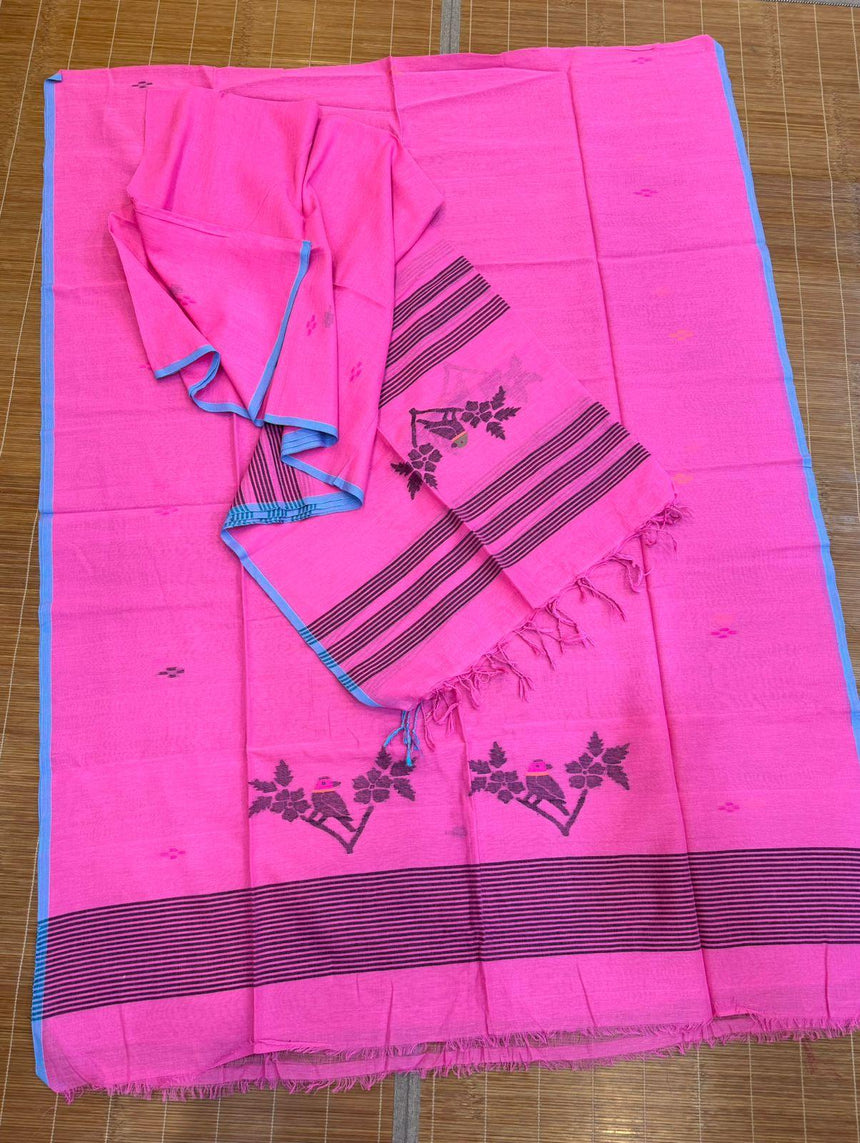  Handwoven Jamdani Kurti and Dupatta Set Black Pink Bird