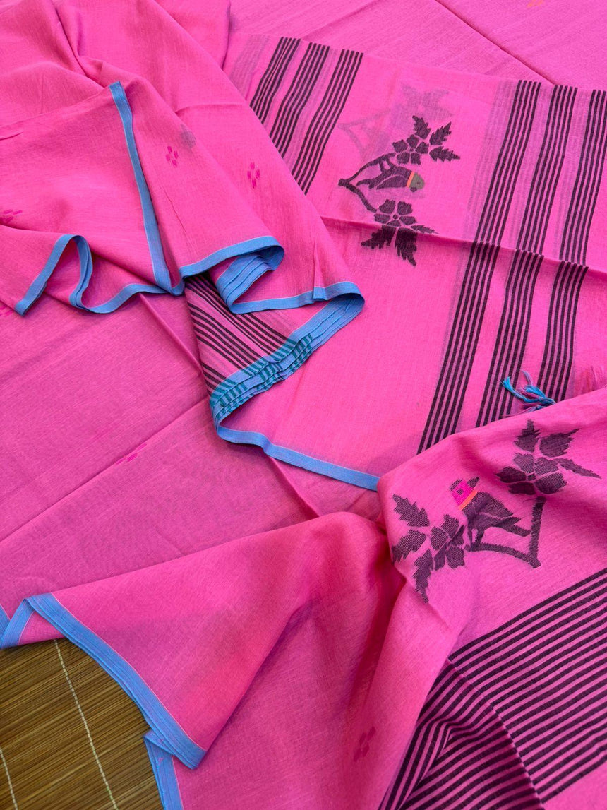  Handwoven Jamdani Kurti and Dupatta Set Black Pink Bird