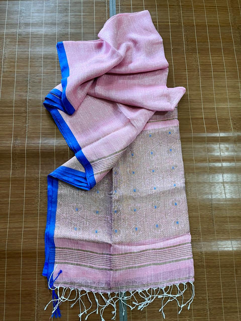 Pink with blue border tissue linen handloom jamdani saree