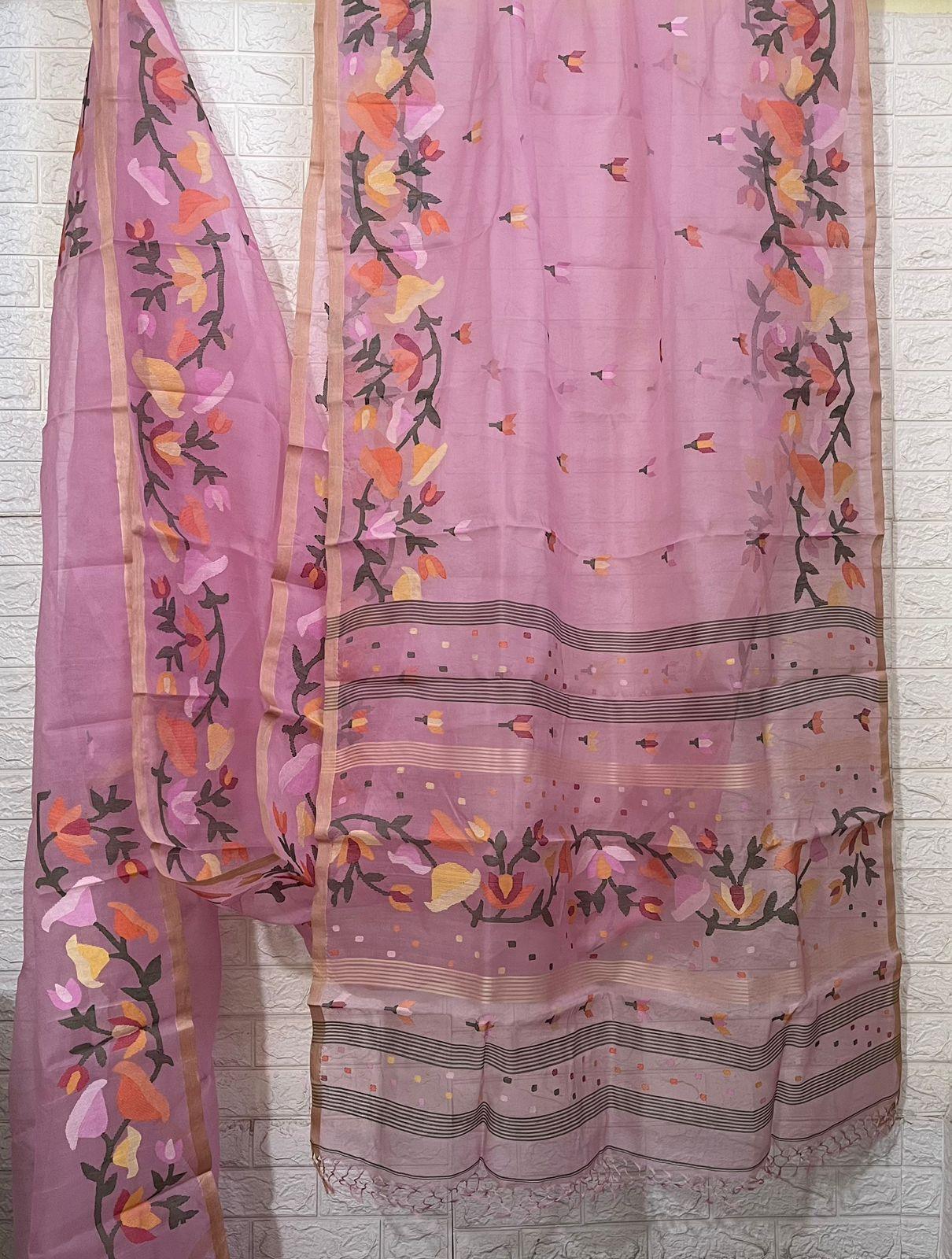 Pink with multicolour kalmilata muslin silk handwoven jamdani saree - Tamal Boutique