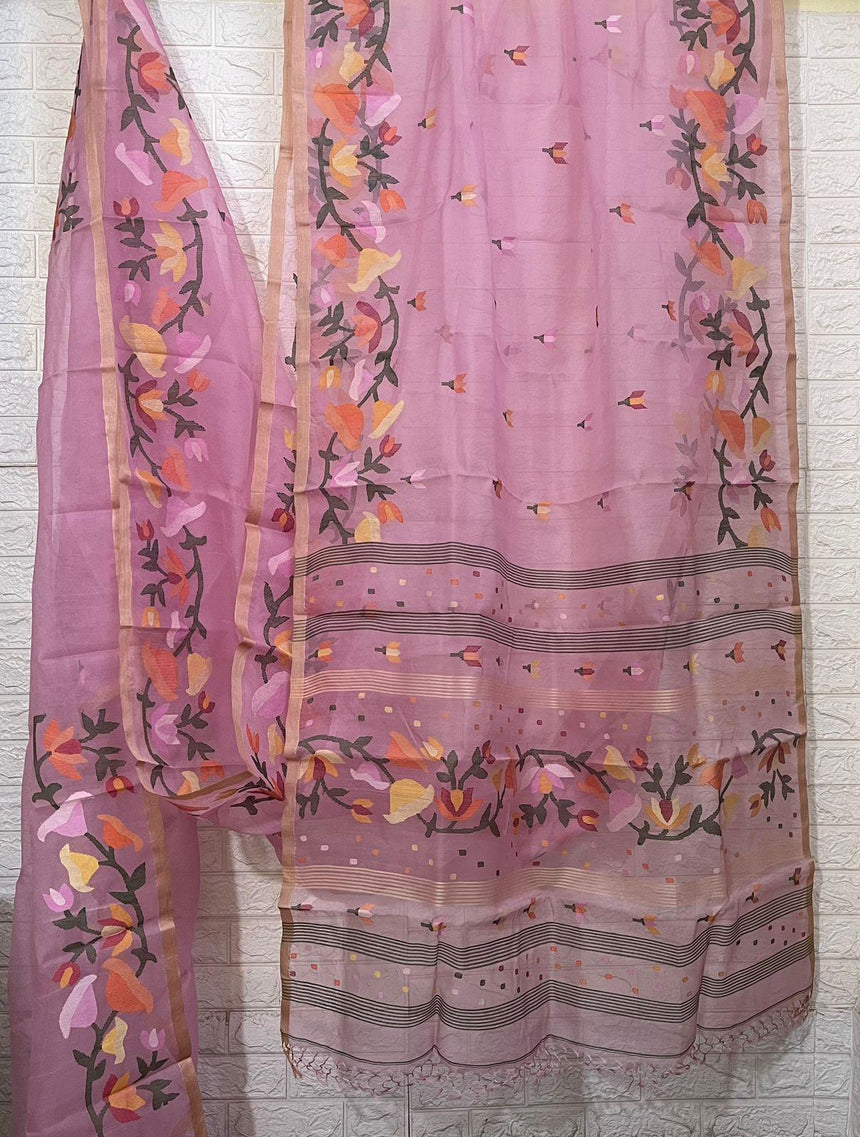 Pink with multicolour kalmilata muslin silk handwoven jamdani saree - Tamal Boutique