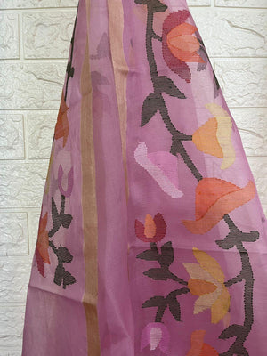 Pink with multicolour kalmilata muslin silk handwoven jamdani saree - Tamal Boutique