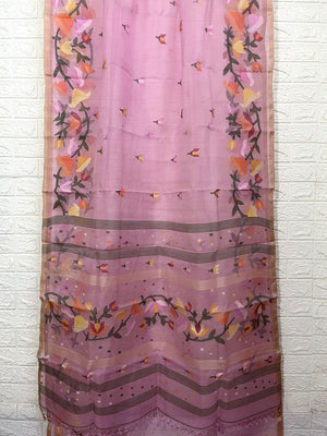 Pink with multicolour kalmilata muslin silk handwoven jamdani saree - Tamal Boutique