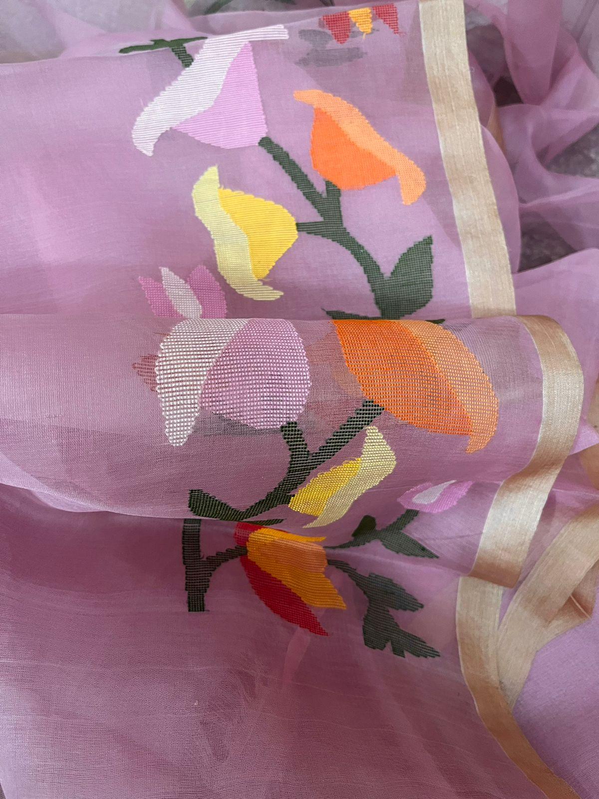 Pink with multicolour kalmilata muslin silk handwoven jamdani saree - Tamal Boutique