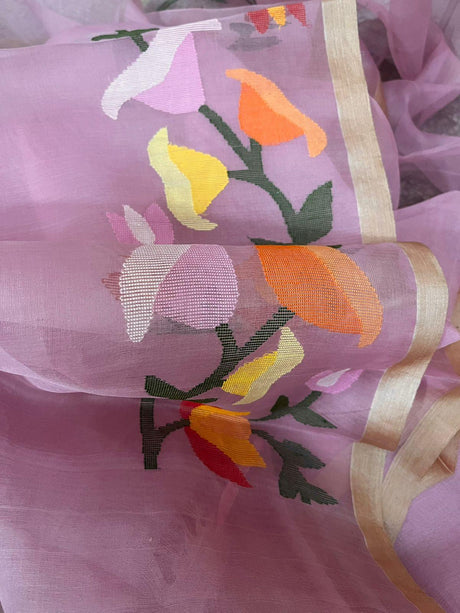 Pink with multicolour kalmilata muslin silk handwoven jamdani saree - Tamal Boutique
