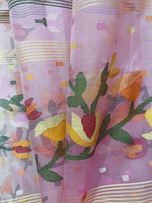Pink with multicolour kalmilata muslin silk handwoven jamdani saree - Tamal Boutique