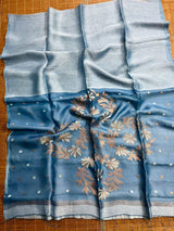 Powder blue silk linen handwoven jamdani saree - Tamal Boutique