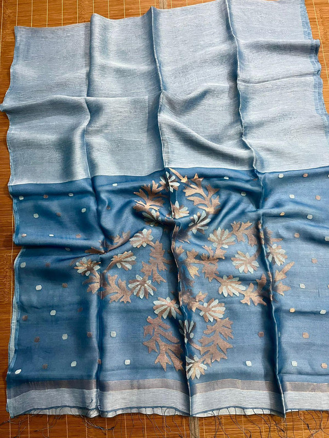 Powder blue silk linen handwoven jamdani saree - Tamal Boutique