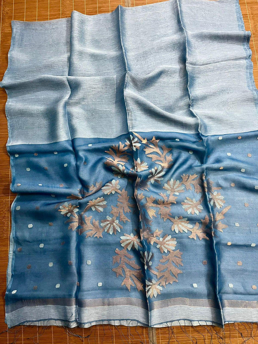 Powder blue silk linen handwoven jamdani saree - Tamal Boutique