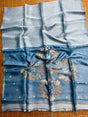 Powder blue silk linen handwoven jamdani saree - Tamal Boutique