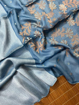 Powder blue silk linen handwoven jamdani saree - Tamal Boutique