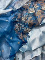 Powder blue silk linen handwoven jamdani saree - Tamal Boutique
