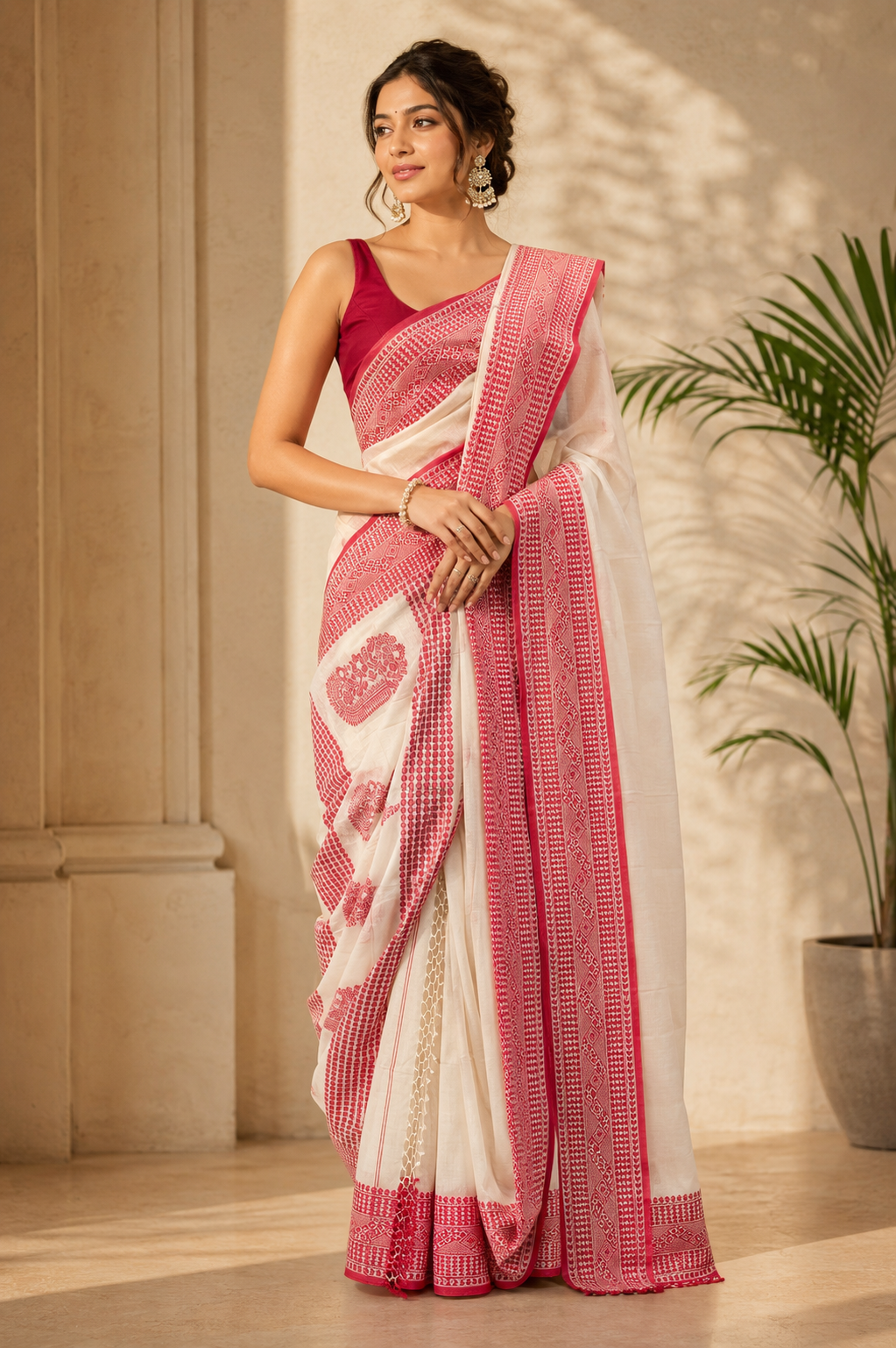 Woman wearing a white saree with pink border indoors