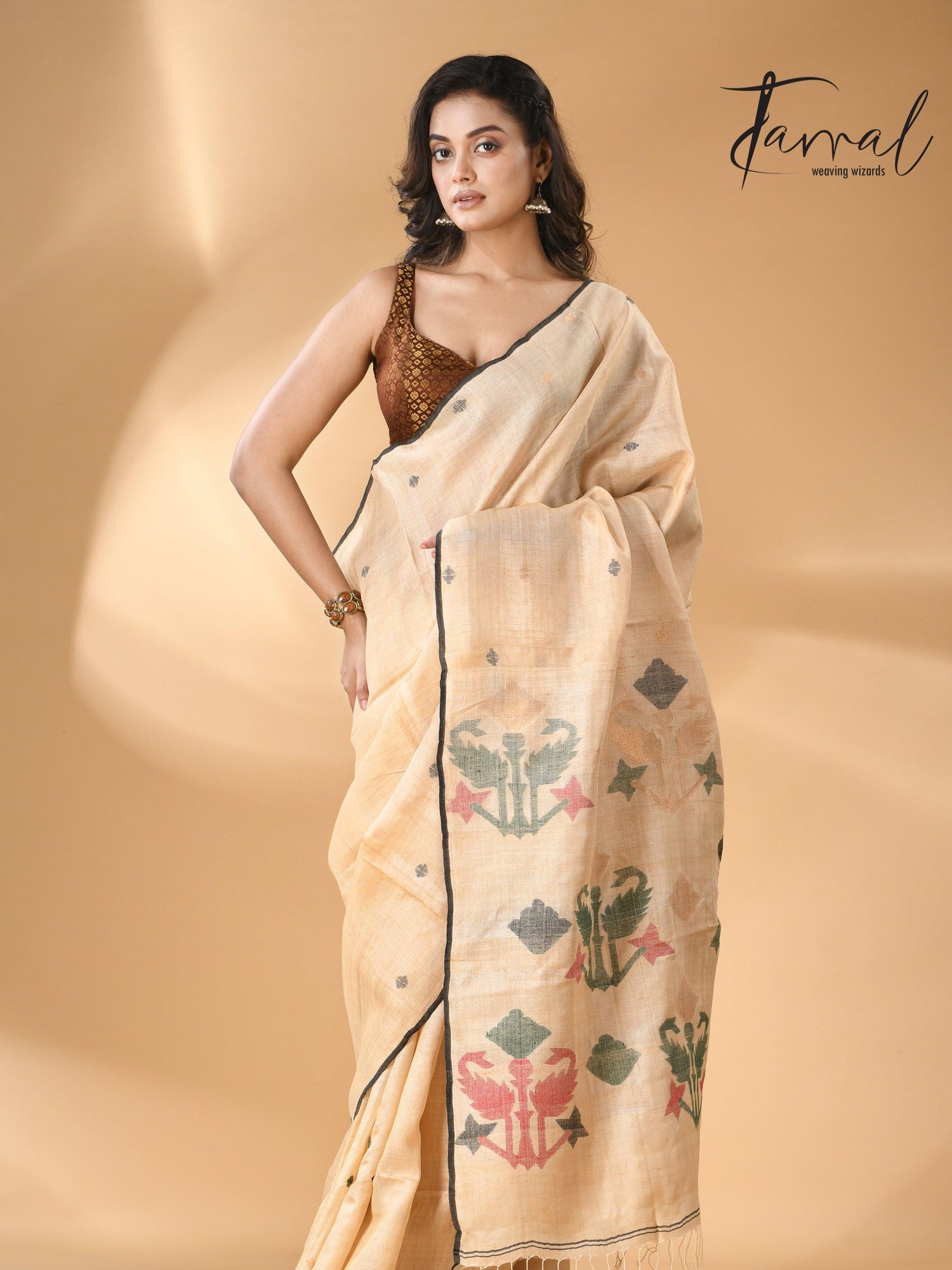   Pure tissue neddle work tusser jamdani saree in light beige