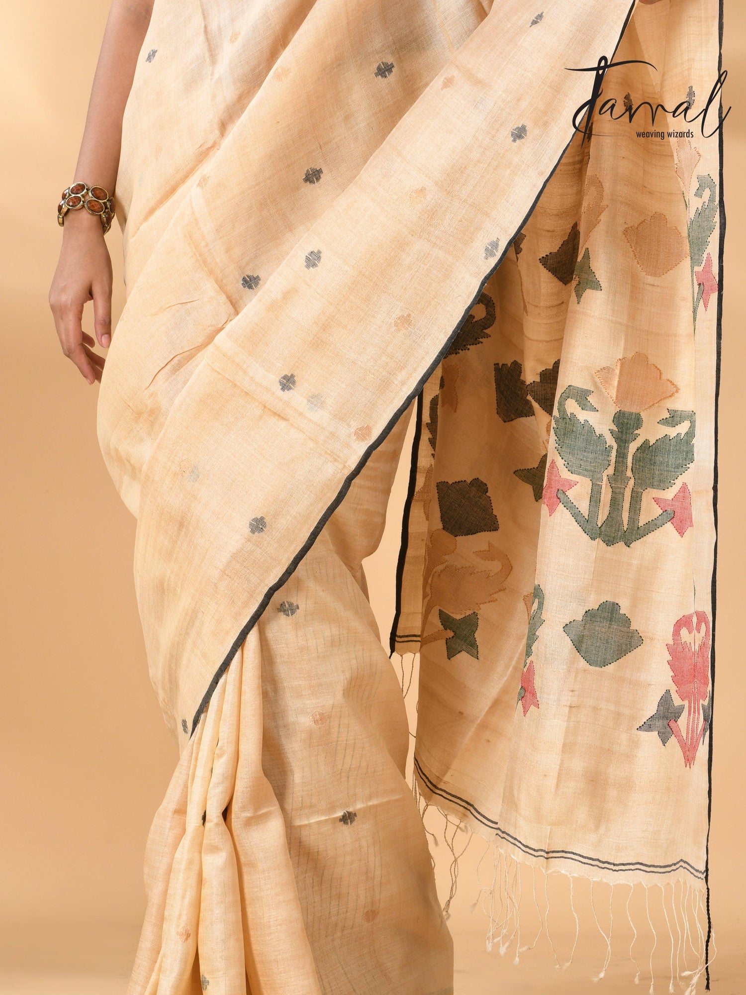   Pure tissue neddle work tusser jamdani saree in light beige bottom