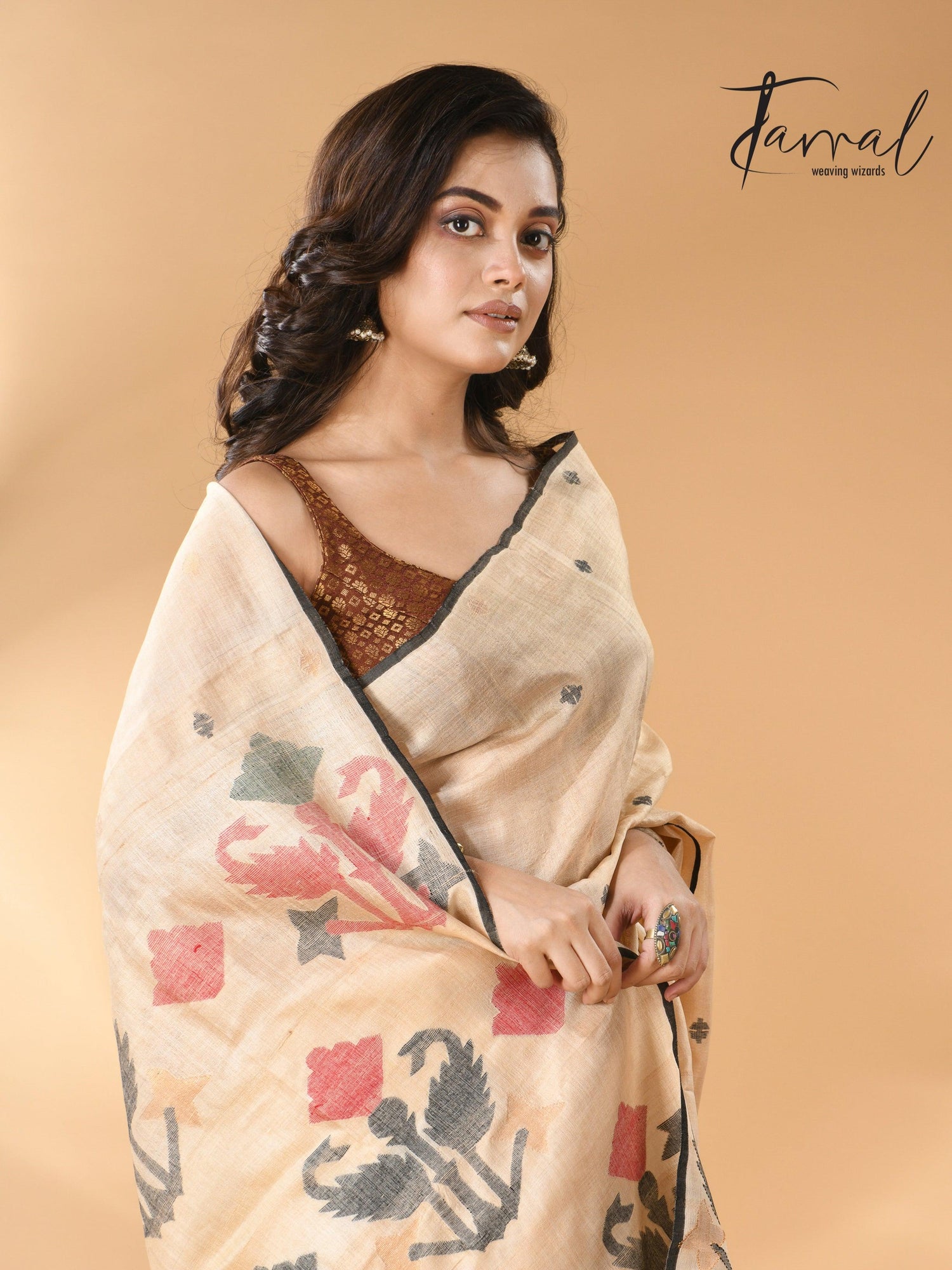   Pure tissue neddle work tusser jamdani saree in light beige  cls