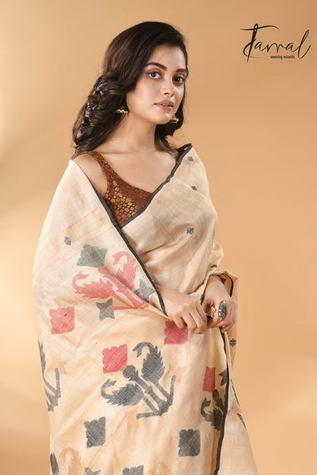   Pure tissue neddle work tusser jamdani saree in light beige  cls
