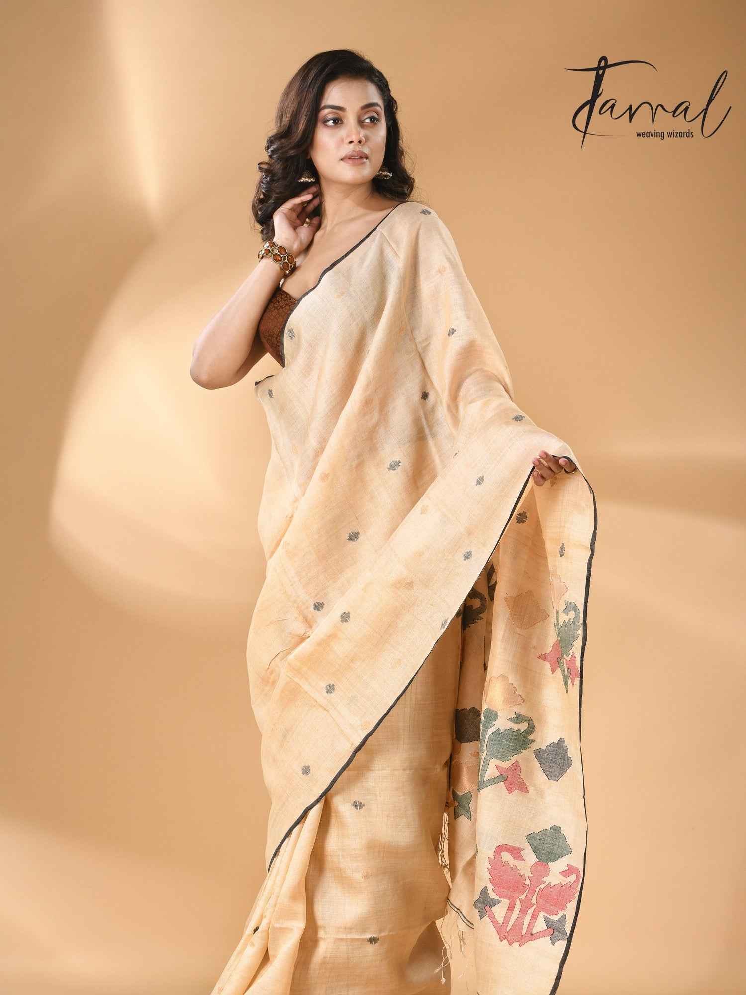   Pure tissue neddle work tusser jamdani saree in light beige ful