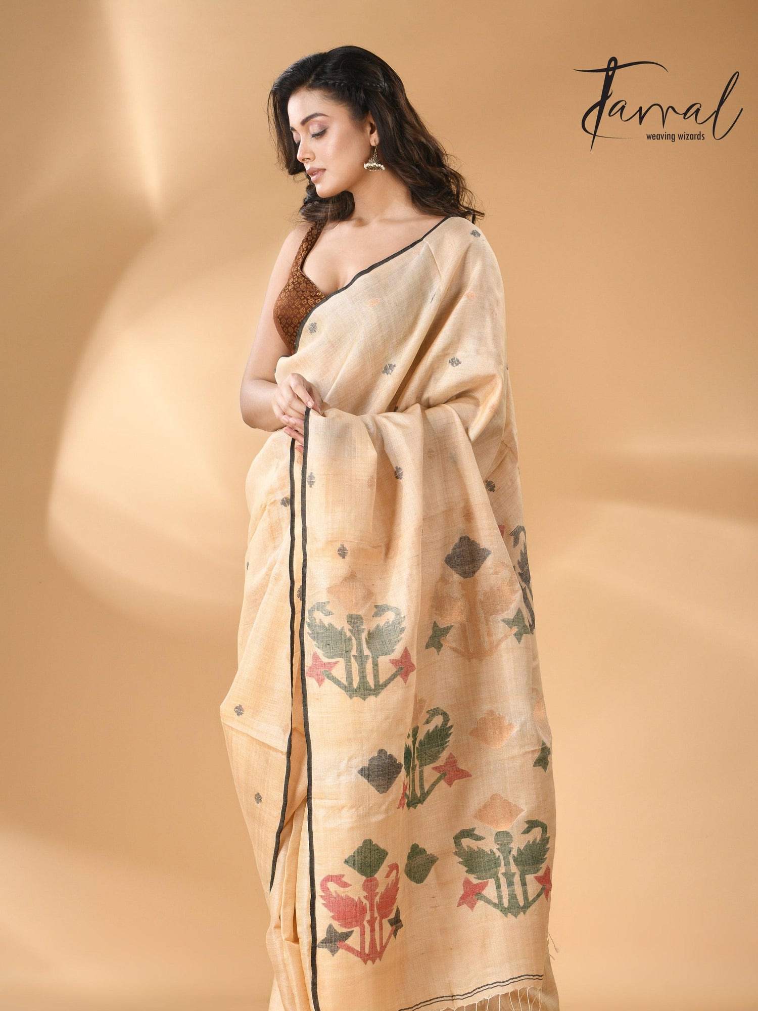   Pure tissue neddle work tusser jamdani saree in light beige full2