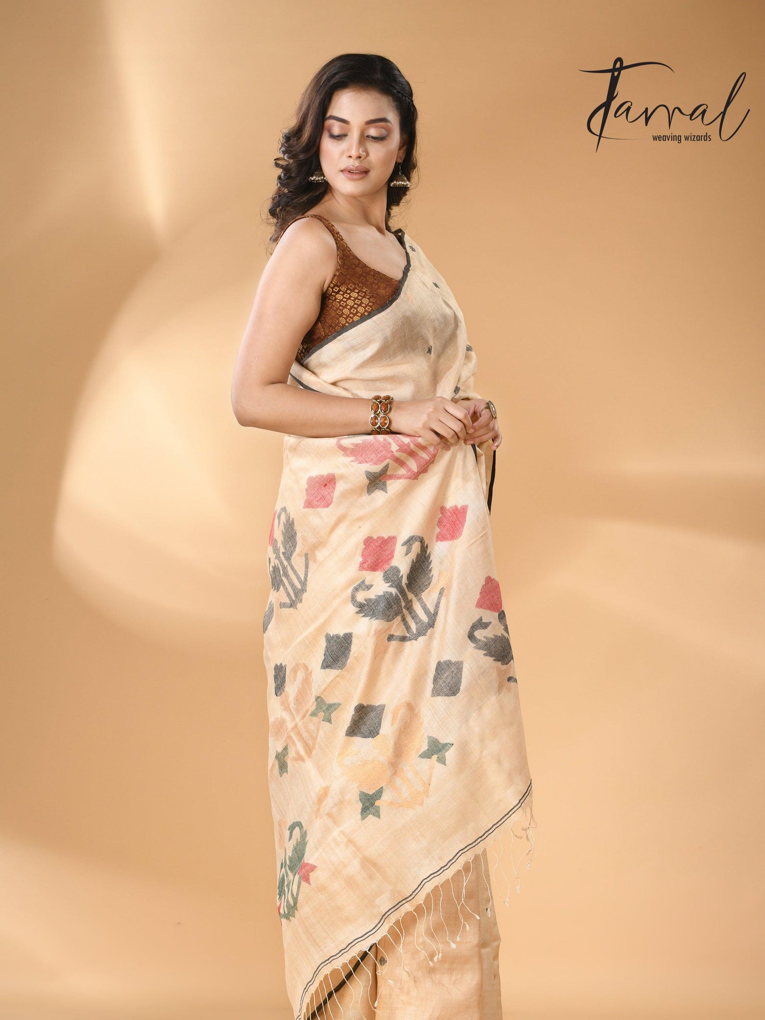   Pure tissue neddle work tusser jamdani saree in light beige full3