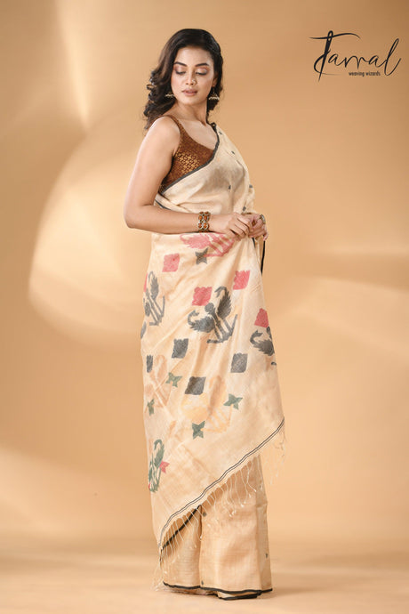   Pure tissue neddle work tusser jamdani saree in light beige full3
