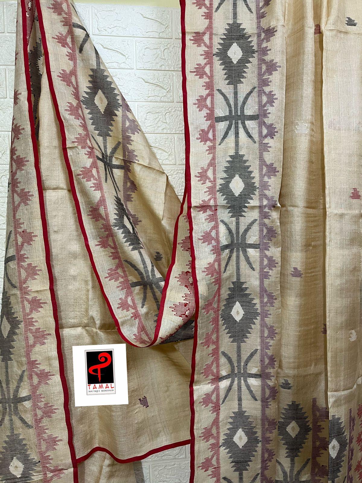 Natural tusser with red border and multi colour traditional tusser silk handwoven jamdani saree - Tamal Boutique