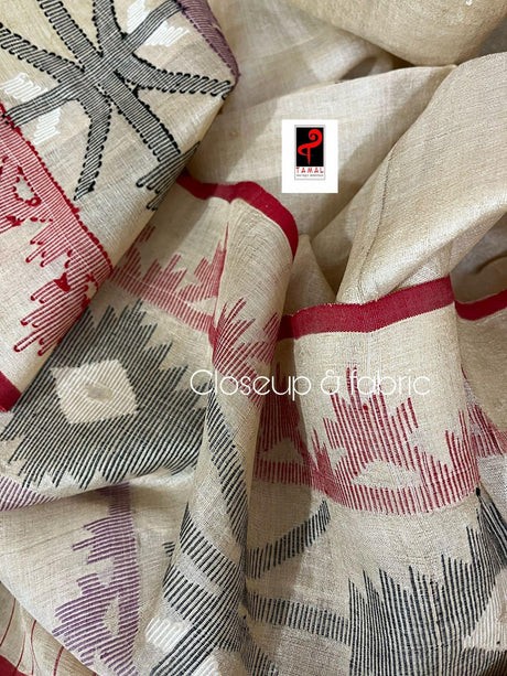 Natural tusser with red border and multi colour traditional tusser silk handwoven jamdani saree - Tamal Boutique