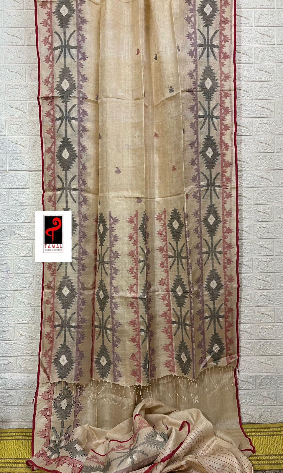 Natural tusser with red border and multi colour traditional tusser silk handwoven jamdani saree - Tamal Boutique