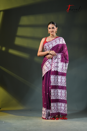 Purple Mulmul Cotton Saree with White Kathiyawadi Embroidery | Cross-Regional Craft | Tamal Boutique