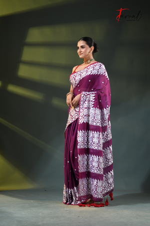 Purple Mulmul Cotton Saree with White Kathiyawadi Embroidery | Cross-Regional Craft | Tamal Boutique