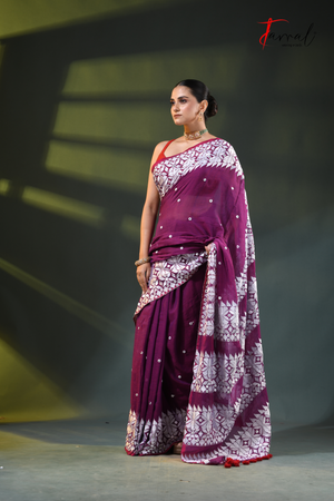 Purple Mulmul Cotton Saree with White Kathiyawadi Embroidery | Cross-Regional Craft | Tamal Boutique