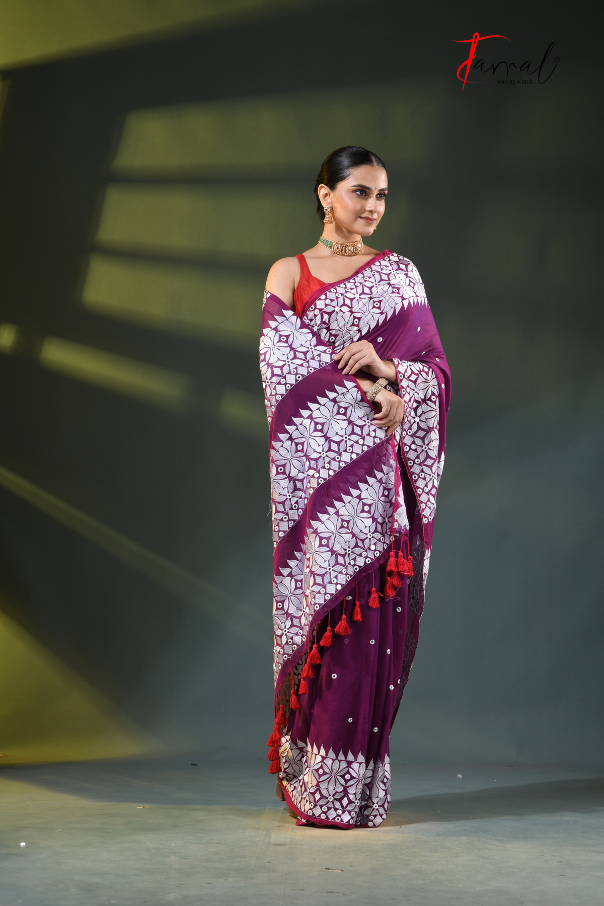 Purple Mulmul Cotton Saree with White Kathiyawadi Embroidery | Cross-Regional Craft | Tamal Boutique