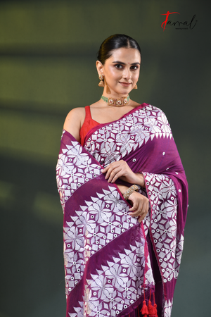 Purple Mulmul Cotton Saree with White Kathiyawadi Embroidery | Cross-Regional Craft | Tamal Boutique
