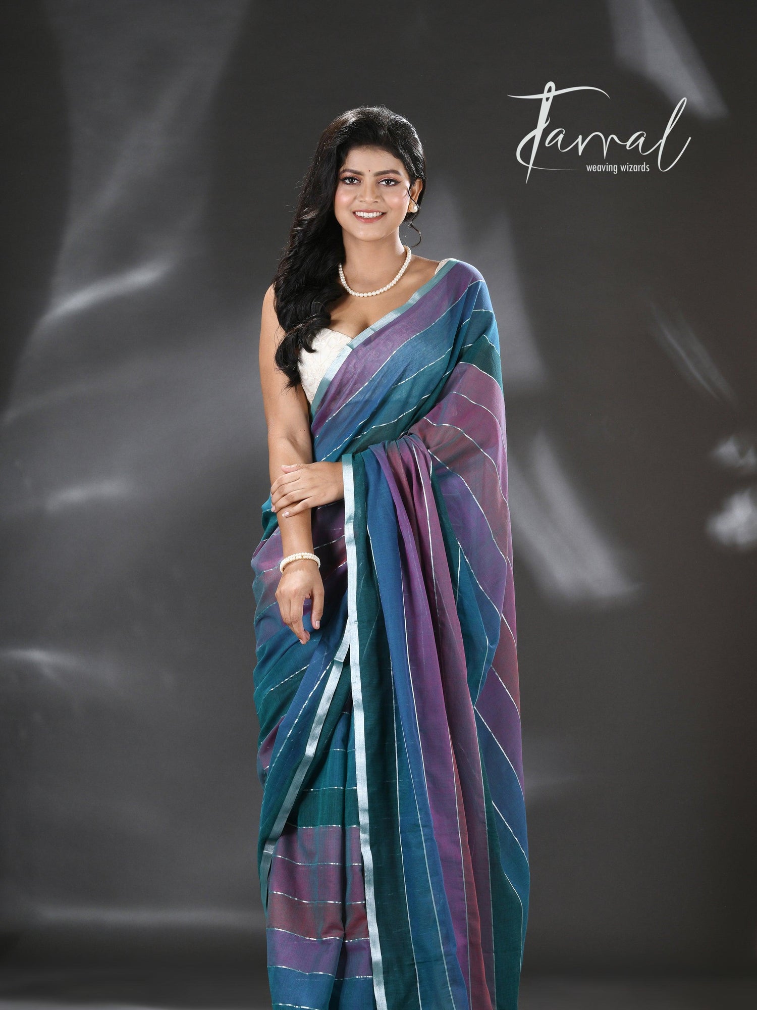 Purple and tale blue colour pure mul cotton handloom saree