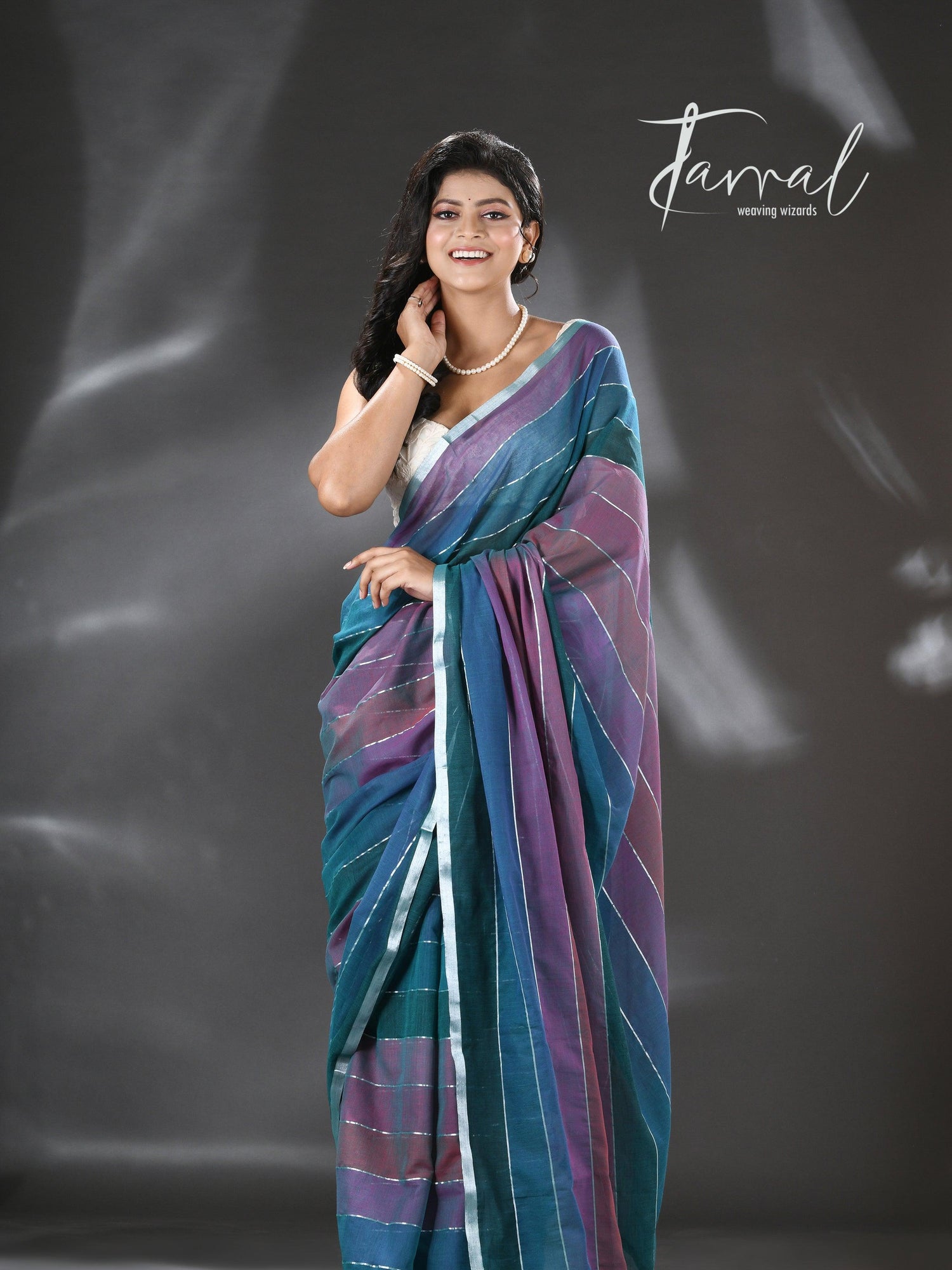 Purple and tale blue colour pure mul cotton handloom saree
